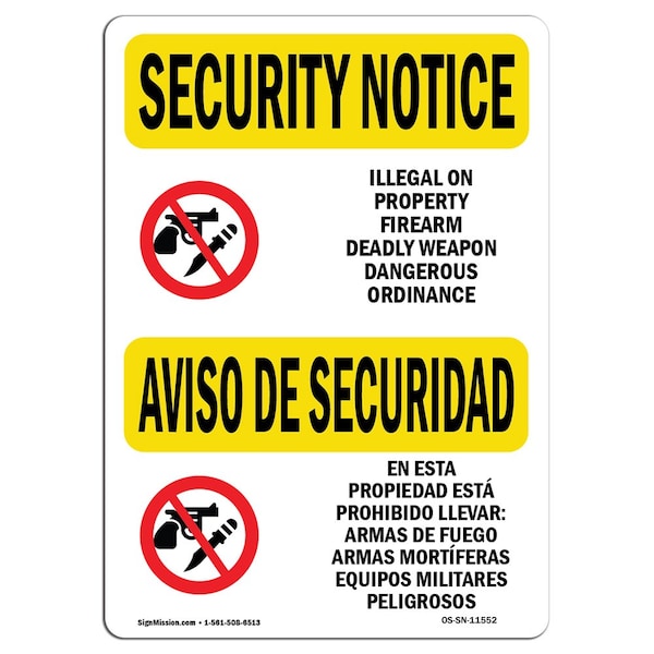 OSHA Security Sign, 3.5" Height, 5" Width, Illegal Property Weapon Bilingual, Landscape, 10PK